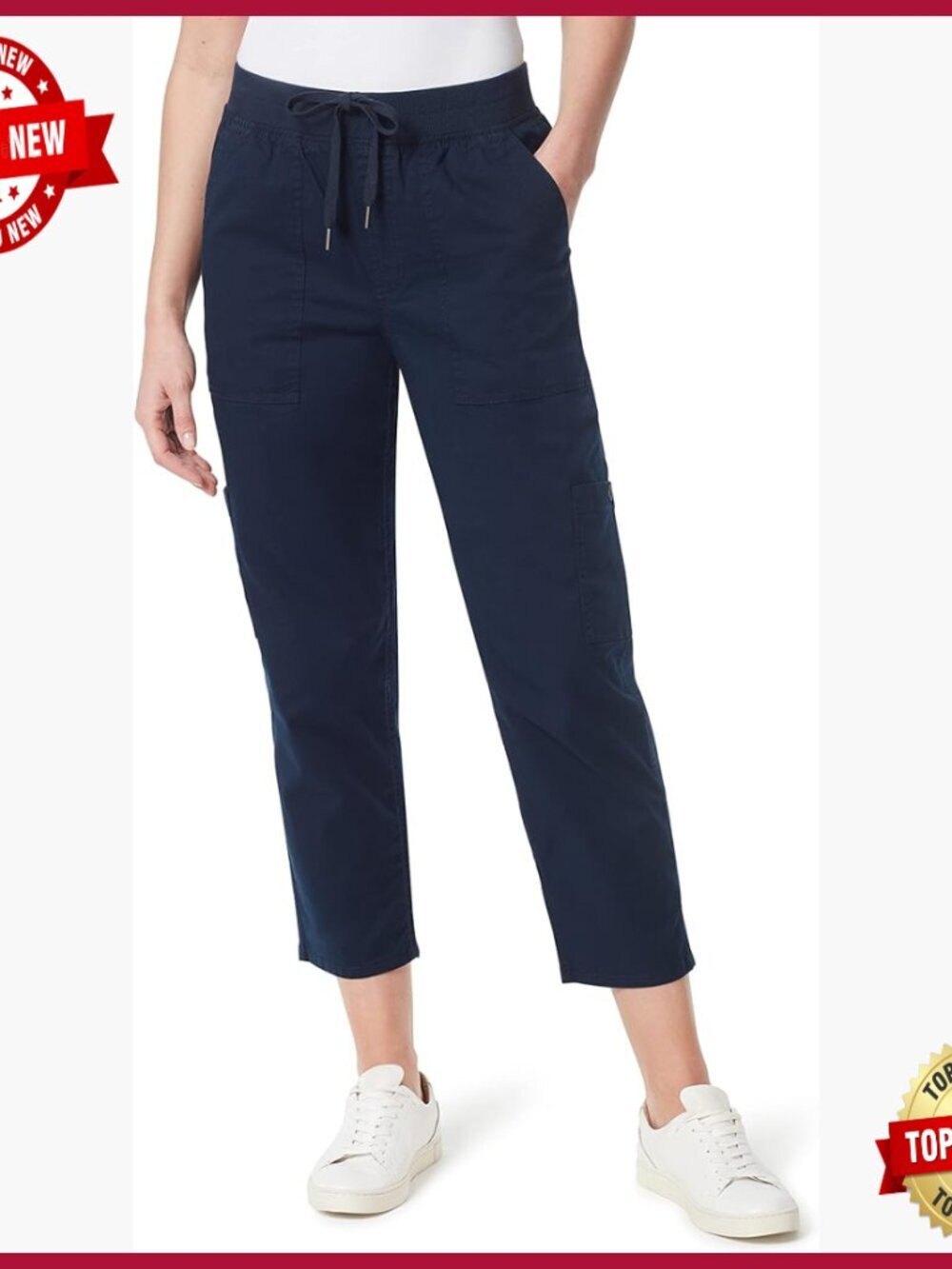 Pull on Drawstring Cargo Capri, Relaxed Fit, High Rise, 23 Inch Inseam